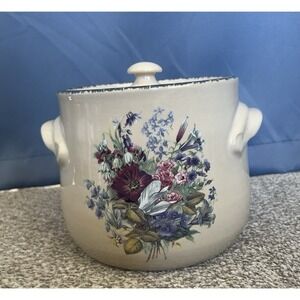 Home & Garden Party Series Floral 3Q Pot Crock Cookie Jar W/Lid Stoneware
